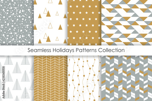 Set of Christmas seamless patterns. Collection of simple geometric backgrounds with golden, white and gray colors. Vector illustration.