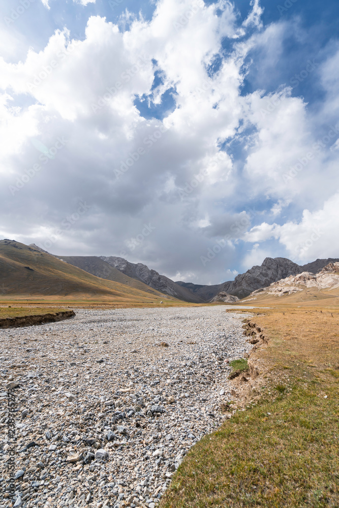 Dry river and a single yurt in the mountains near Chatyr Kul on the Chinese Kyrgyz border