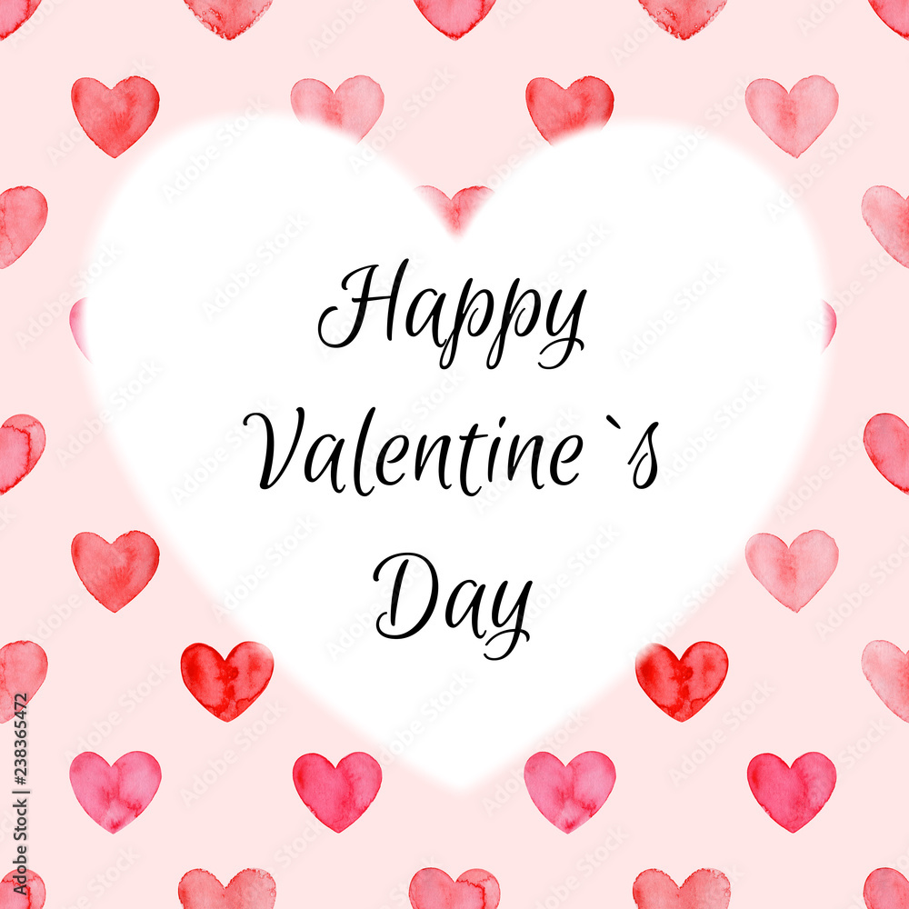 Valentines day card, aquarelle illustration. Seamless pattern with bright hand painted watercolor hearts. Romantic decorative background for Valentine's day gift paper, wedding decor or fabric textile