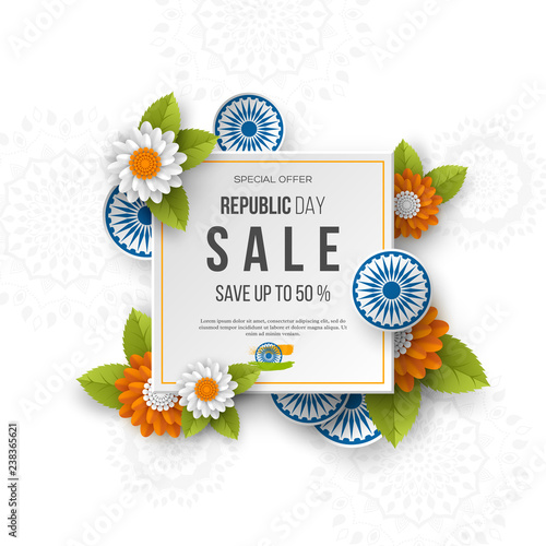Indian Republic day sale square banner. 3d wheels with flowers in traditional tricolor of indian flag. Paper cut style. White background. Vector illustration.