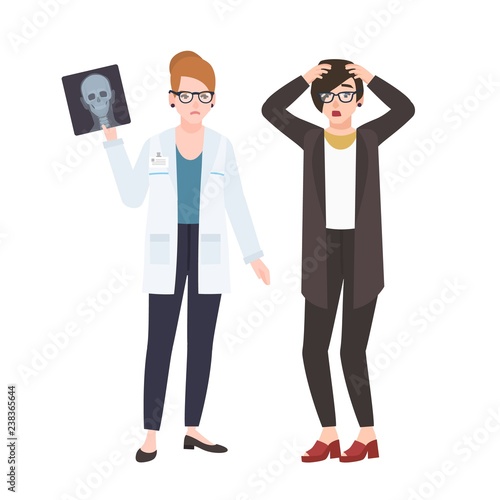 Angry female doctor or surgeon demonstrating X-ray to scared patient isolated on white background. Physician revealing diagnosis to young woman. Colorful vector illustration in flat cartoon style.