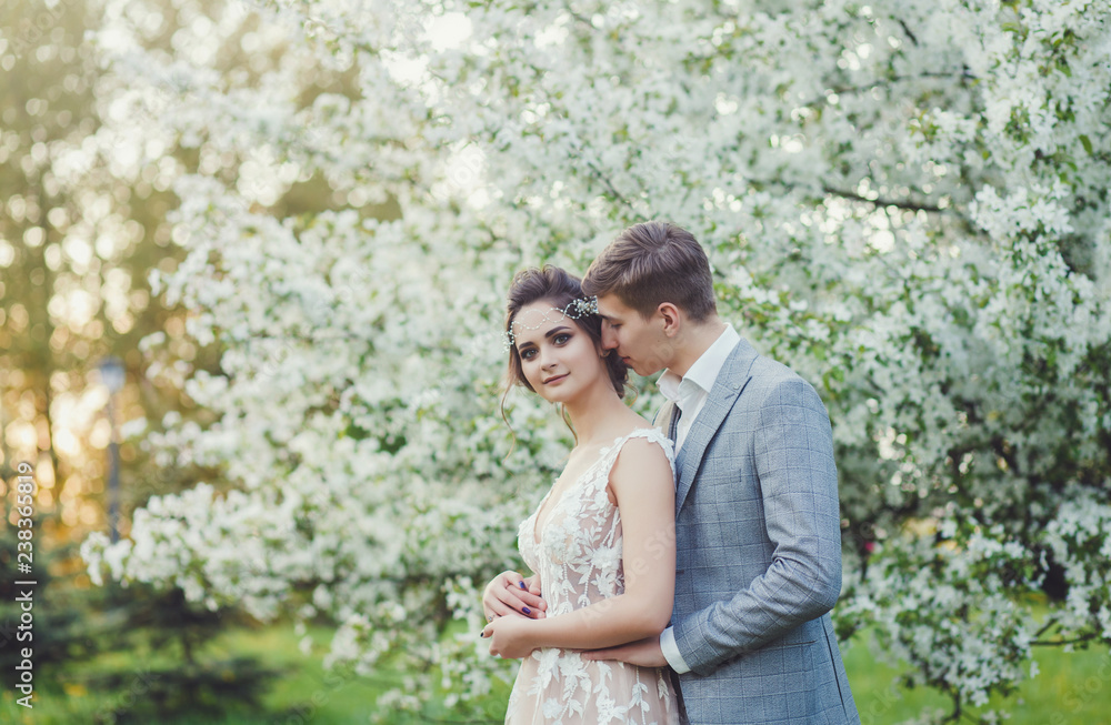 Bride and groom in a park kissing. Couple newlyweds in blossom garden