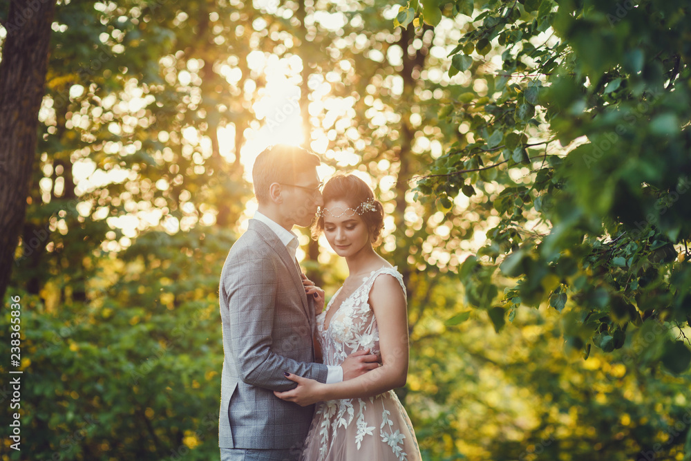 Sunshine portrait of happy bride and groom outdoor in nature location at sunset. Sunshine portrait of happy bride and groom outdoor in nature location at sunset.
