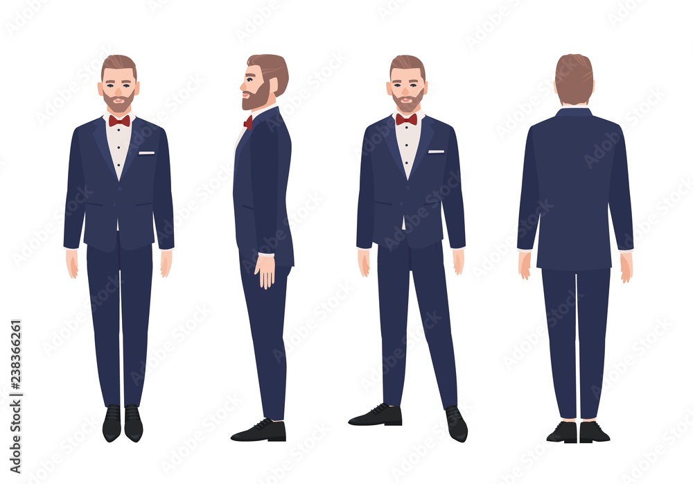 Attractive bearded man dressed in elegant suit or tuxedo. Happy male  cartoon character wearing formal evening clothing and bowtie. Front, side  and back views. Vector illustration in flat style. Stock Vector |