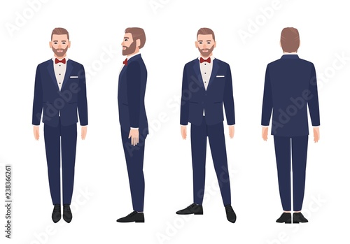 Attractive bearded man dressed in elegant suit or tuxedo. Happy male cartoon character wearing formal evening clothing and bowtie. Front, side and back views. Vector illustration in flat style.