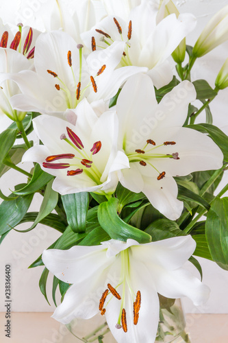 Fototapeta Naklejka Na Ścianę i Meble -  Flower bouquet, white lilies in a vase. White background.