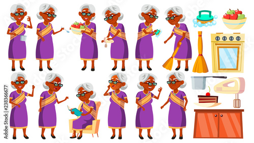 Indian Old Woman In Sari Poses Set Vector. Elderly People. Hindu. Asian. Senior Person. Aged. Cheerful Grandparent. Presentation, Invitation, Card Design. Isolated Cartoon Illustration