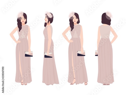 Beautiful young woman in elegant evening dress. Fashionable formal outfit. Go...
