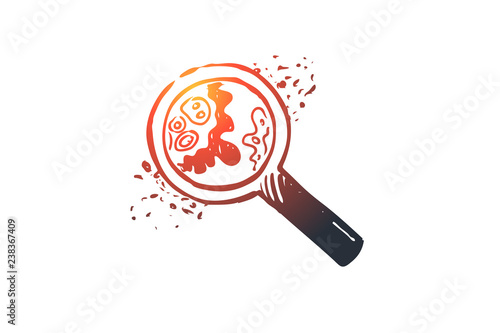 Biology, science, cell, bacteria, magnifying glass concept. Hand drawn isolated vector.