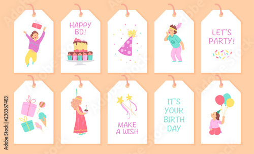 Vector collection of children birthday party tags and cards with happy boy and girl characters, bd cake, hat, gift box, confetti, balloons and text congratulations. Flat cartoon style. Decor elements.