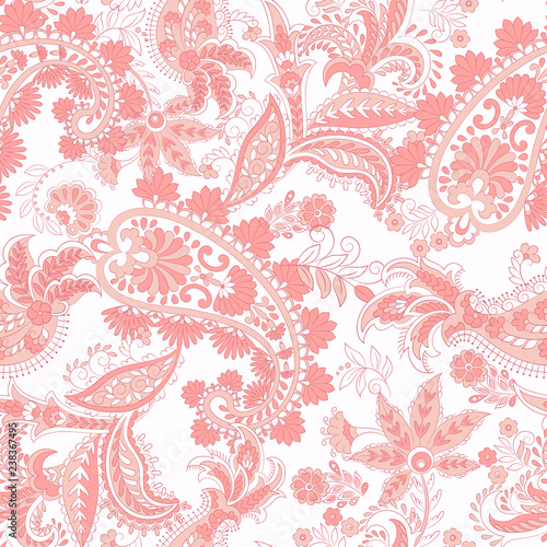 Paisley ethnic seamless pattern with floral elements.