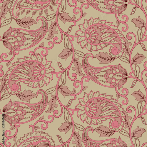 Paisley seamless pattern with flowers in indian style.