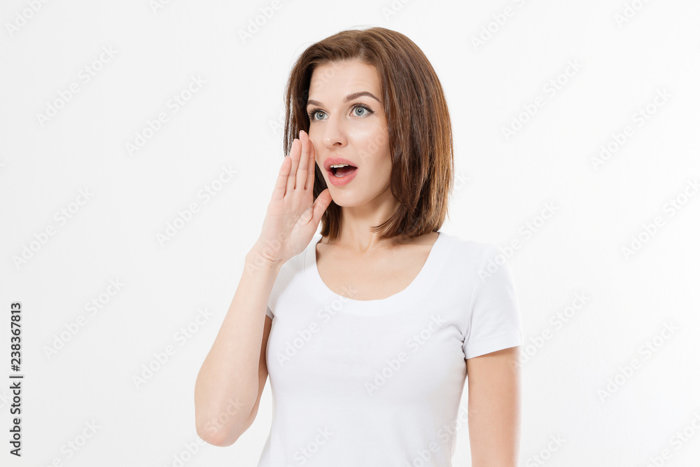 Caucasian young woman shouting hot news. gossip girl isolated on white background. Summer t shirt template blank. Copy space Caucasian young woman shouting hot news. gossip girl isolated on white background. Summer t shirt template blank. Copy space
