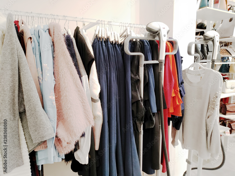 Lots of different clothes hanging on a rack and smoothing out apparatuses in a fashionable boutique