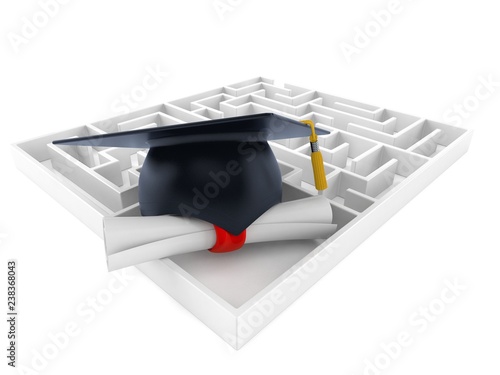 Obraz na płótnie Mortarboard with certificate in maze