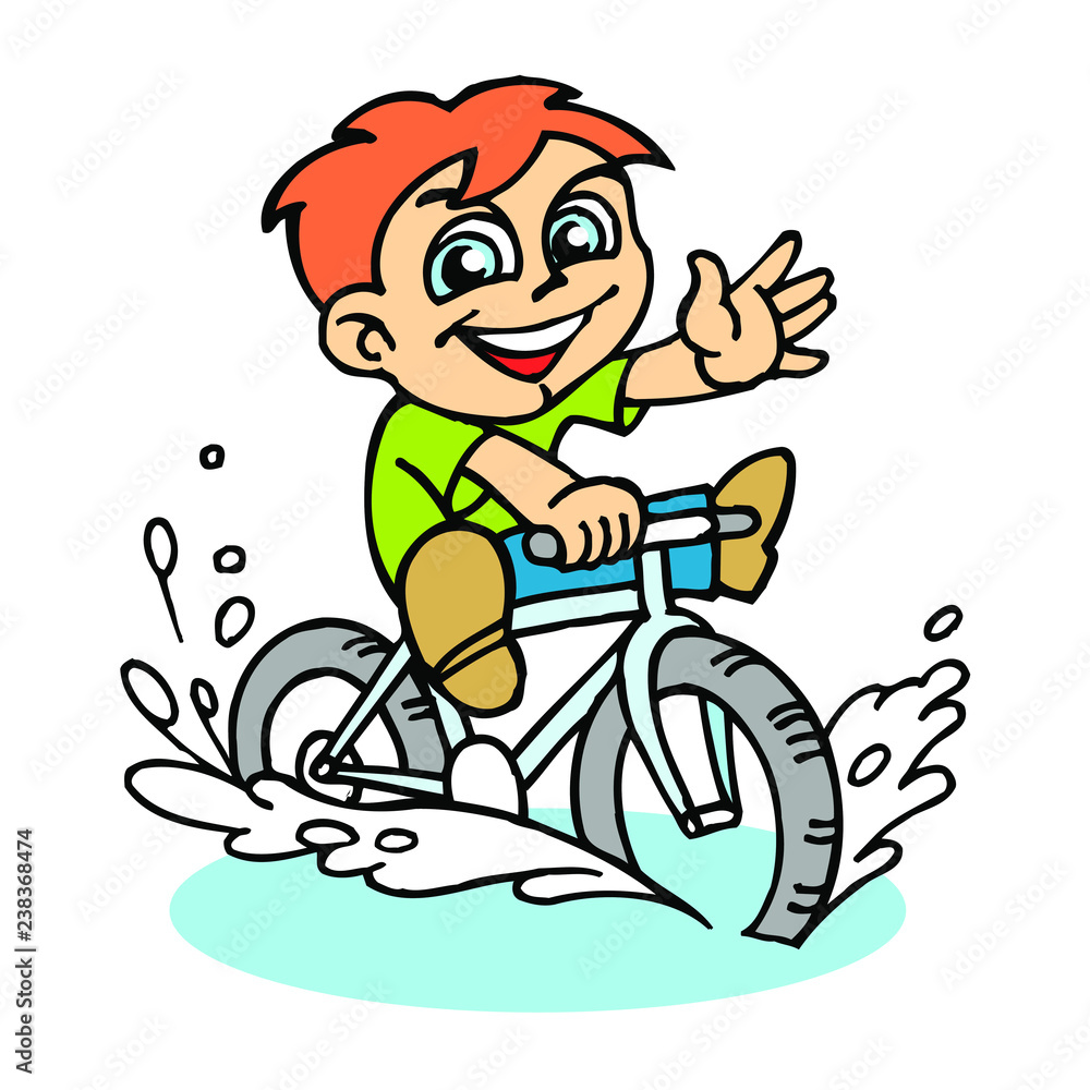 boy on bicycle rides through the pool with his feet up and waving boy on bicycle rides through the pool with his feet up and waving
