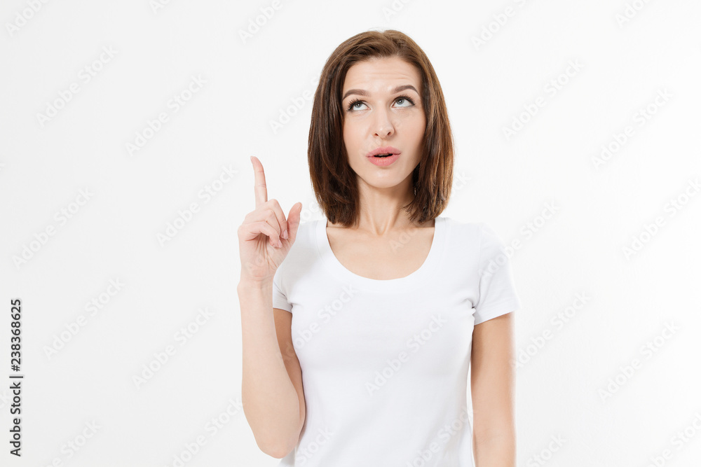 Young caucasian girl have good idea. Happy smiling woman isolated on white background. Copy space. Template and blank summer t shirt. Young caucasian girl have good idea. Happy smiling woman isolated on white background. Copy space. Template and blank summer t shirt.