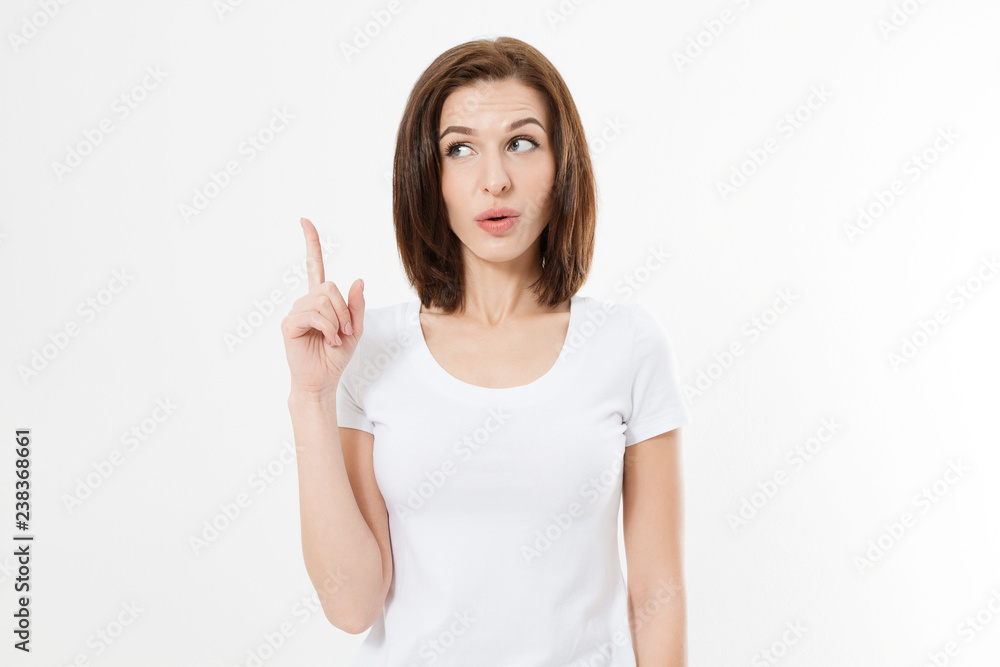 Young caucasian girl have good idea. Happy smiling woman isolated on white background. Copy space. Template and blank summer t shirt. Young caucasian girl have good idea. Happy smiling woman isolated on white background. Copy space. Template and blank summer t shirt.