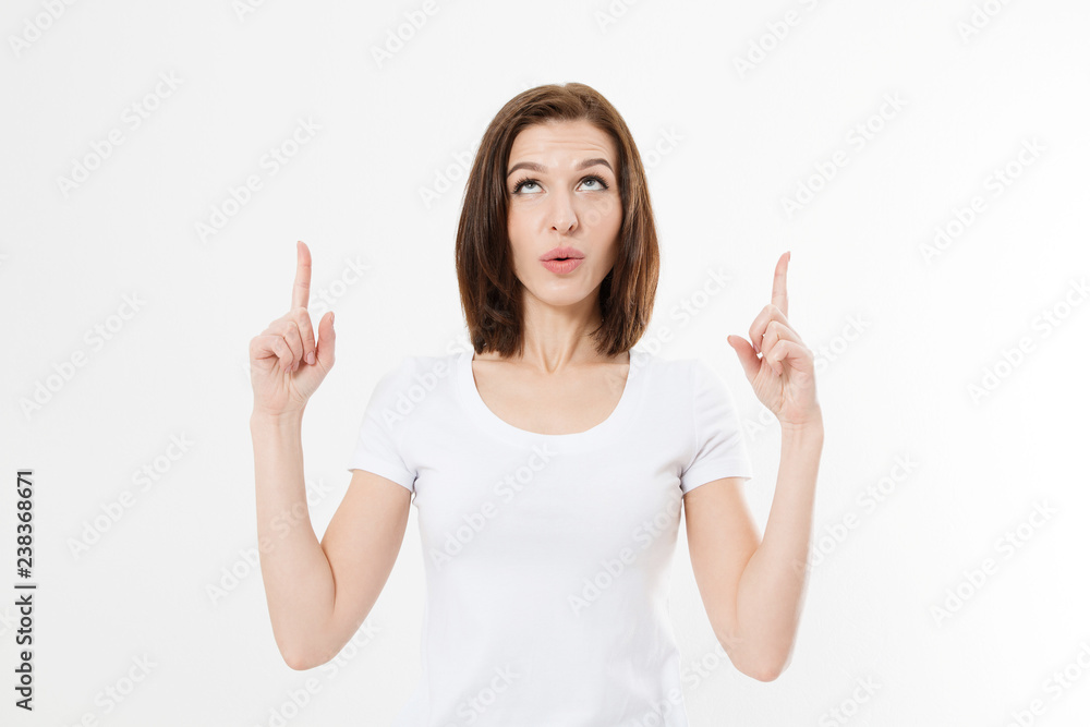 Young caucasian girl have good idea. Happy smiling woman isolated on white background. Copy space. Template and blank summer t shirt. Young caucasian girl have good idea. Happy smiling woman isolated on white background. Copy space. Template and blank summer t shirt.