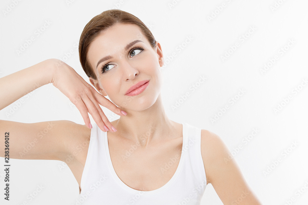 Macro Woman face with no wrinkles on forehead. Skin care and spa face beauty. Cosmetology facial treatment and anti aging concept. Copy space Macro Woman face with no wrinkles on forehead. Skin care and spa face beauty. Cosmetology facial treatment and anti aging concept. Copy space