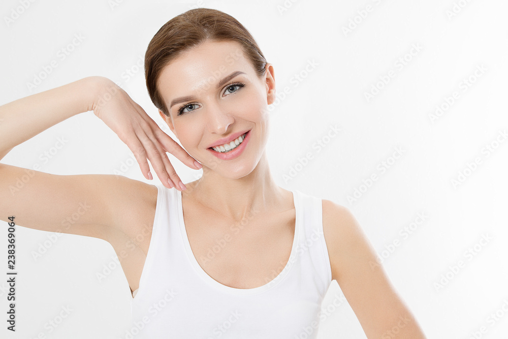 Macro Woman face with no wrinkles on forehead. Skin care and spa face beauty. Cosmetology facial treatment and anti aging concept. Copy space Macro Woman face with no wrinkles on forehead. Skin care and spa face beauty. Cosmetology facial treatment and anti aging concept. Copy space