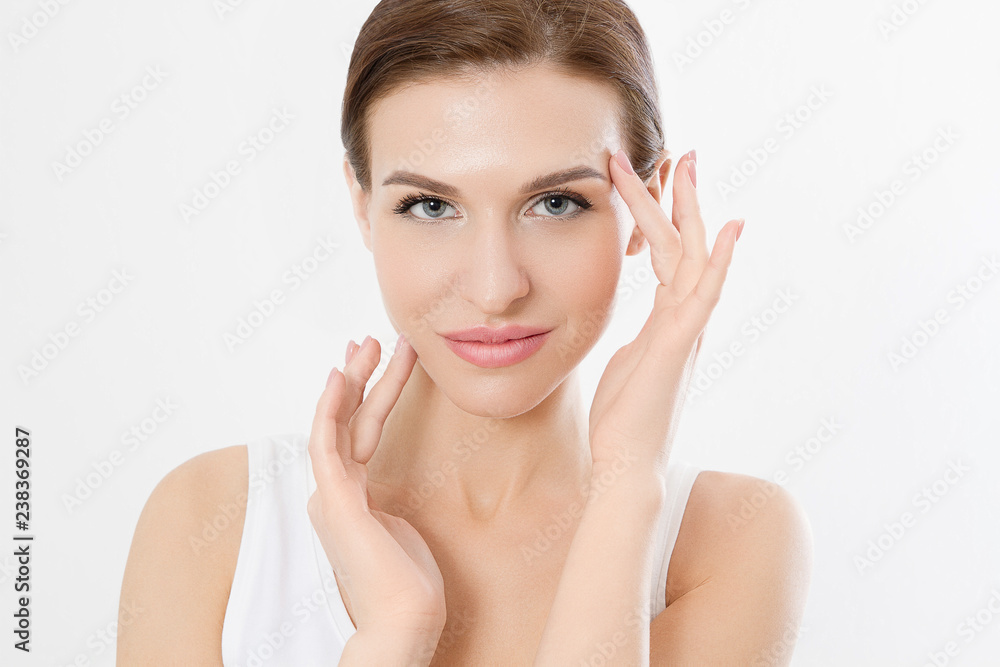 Macro Woman face with no wrinkles on forehead. Skin care and spa face beauty. Cosmetology facial treatment and anti aging concept. Copy space Macro Woman face with no wrinkles on forehead. Skin care and spa face beauty. Cosmetology facial treatment and anti aging concept. Copy space