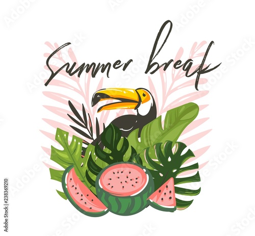 Hand drawn vector abstract cartoon summer time graphic illustrations art with exotic tropical sign with rainforest toucan bird,watermelon and Summer break text isolated on white background