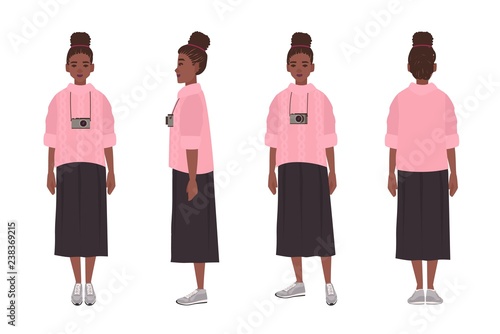 Cute African American teenage girl dressed in jumper and skirt. Funny young woman wearing casual clothes isolated on white background. Front, side, back views. Flat cartoon vector illustration.