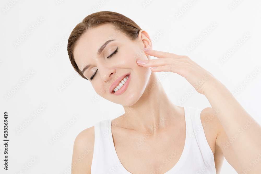 Macro Woman face with no wrinkles on forehead. Skin care and spa face beauty. Cosmetology facial treatment and anti aging concept. Copy space Macro Woman face with no wrinkles on forehead. Skin care and spa face beauty. Cosmetology facial treatment and anti aging concept. Copy space