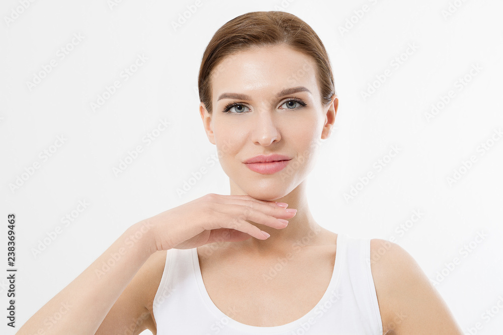 Macro Woman face with no wrinkles on forehead. Skin care and spa face beauty. Cosmetology facial treatment and anti aging concept. Copy space Macro Woman face with no wrinkles on forehead. Skin care and spa face beauty. Cosmetology facial treatment and anti aging concept. Copy space