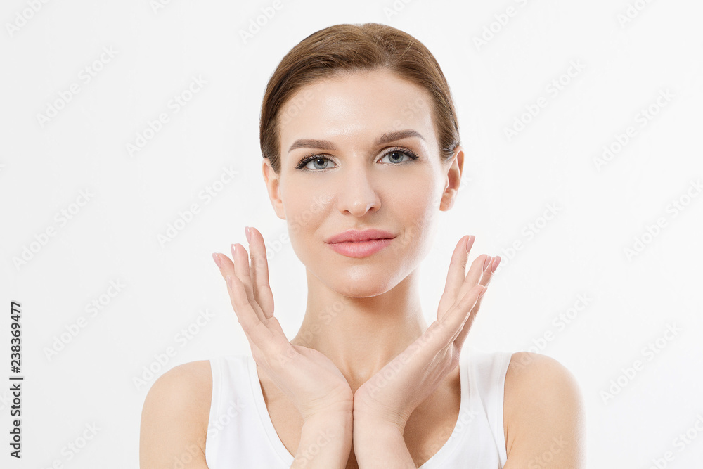 Macro Woman face with no wrinkles on forehead. Skin care and spa face beauty. Cosmetology facial treatment and anti aging concept. Copy space Macro Woman face with no wrinkles on forehead. Skin care and spa face beauty. Cosmetology facial treatment and anti aging concept. Copy space
