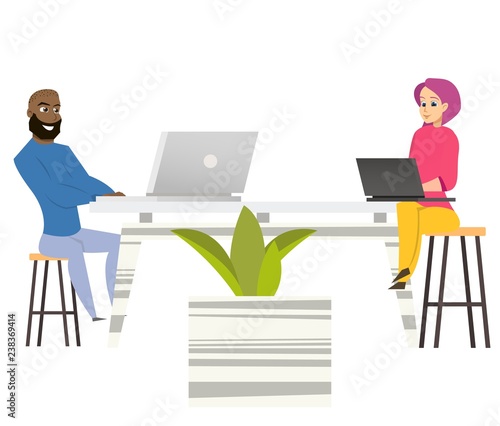 Freelancers Man Woman Sit at Table with Laptops