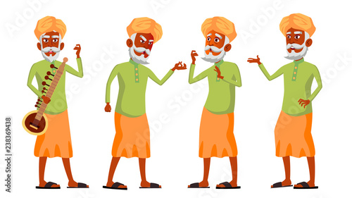 Indian Old Man Poses Set Vector. Hindu. Asian. Elderly People. Senior Person. Aged. Lifestyle. Postcard, Cover, Placard Design. Isolated Cartoon Illustration