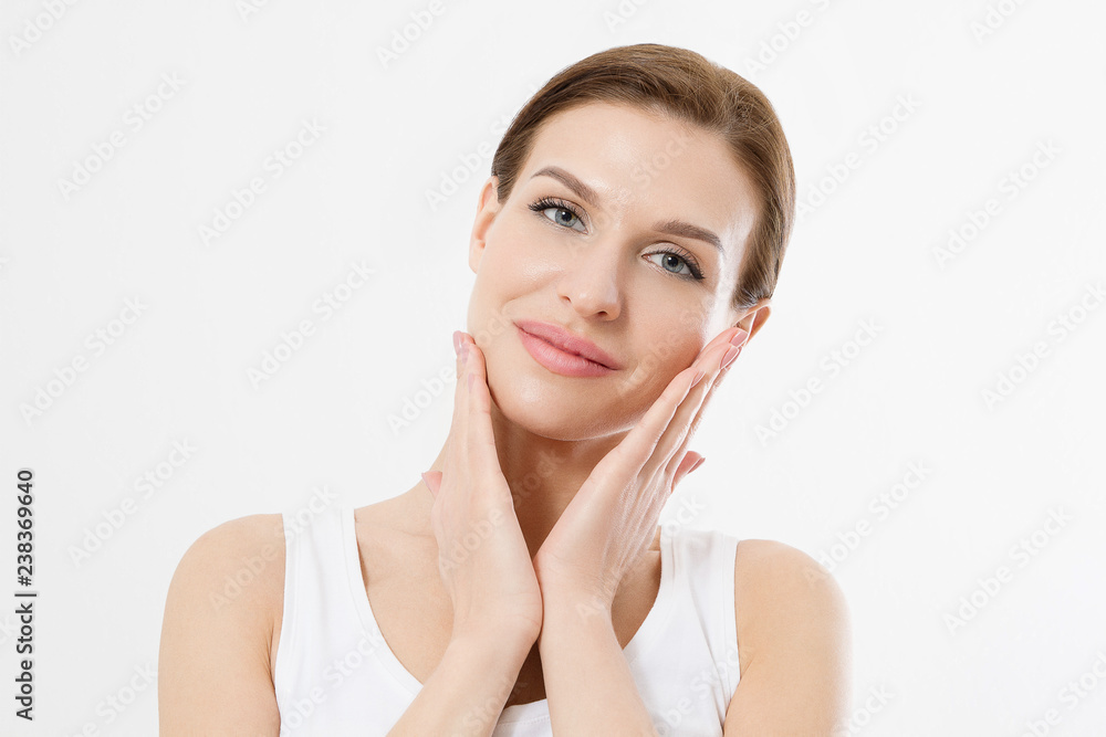 Young beautiful woman touching clean fresh face skin . Anti aging concept. Facial treatment . Cosmetology , Beauty and spa. Isolated on white Young beautiful woman touching clean fresh face skin . Anti aging concept. Facial treatment . Cosmetology , Beauty and spa. Isolated on white