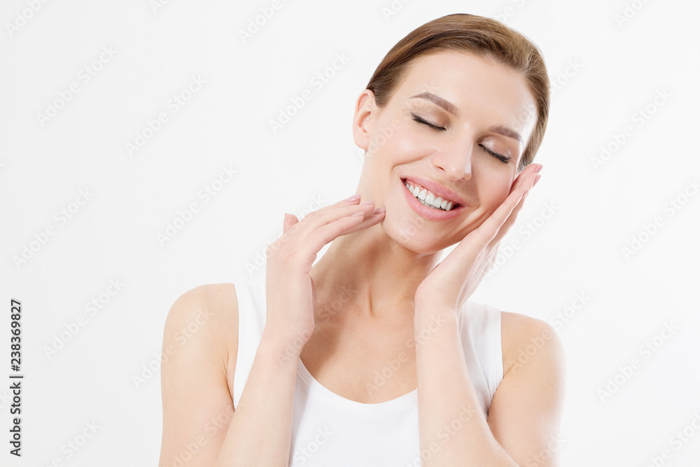 Young beautiful woman touching clean fresh face skin . Anti aging concept. Facial treatment . Cosmetology , Beauty and spa. Isolated on white Young beautiful woman touching clean fresh face skin . Anti aging concept. Facial treatment . Cosmetology , Beauty and spa. Isolated on white