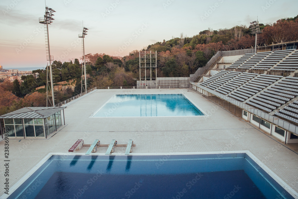 Olympic swimming pools in Barcelona at sunset