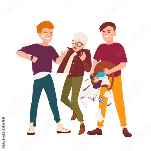 Pair of teens intimidating boy, kicking him and shake things out of bag. Bullying and abuse at school. Cartoon characters isolated on white background. Colorful vector illustration in flat style.