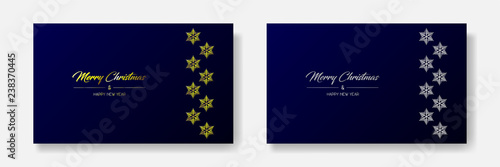 Two greeting cards with golden and silver merry christmas & flakes right