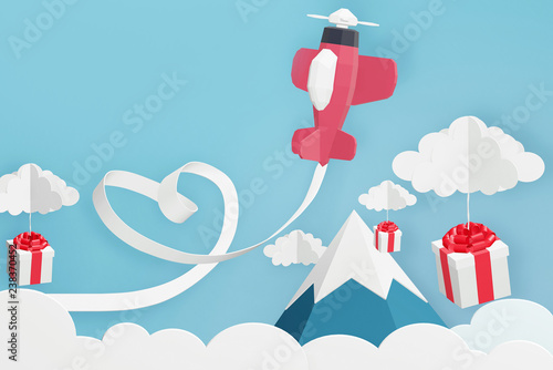 Paper art style of Big heart ribbon with pink plane flying and scatter gift box in the sky, Romantic, sweet, cute, Perfect Valentine’s Day Cards for the loved ones in your life, 3D rendering design.