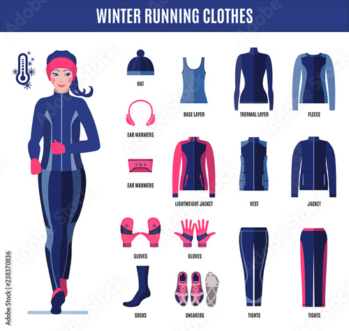 Winter running clothes set for woman in flat style.