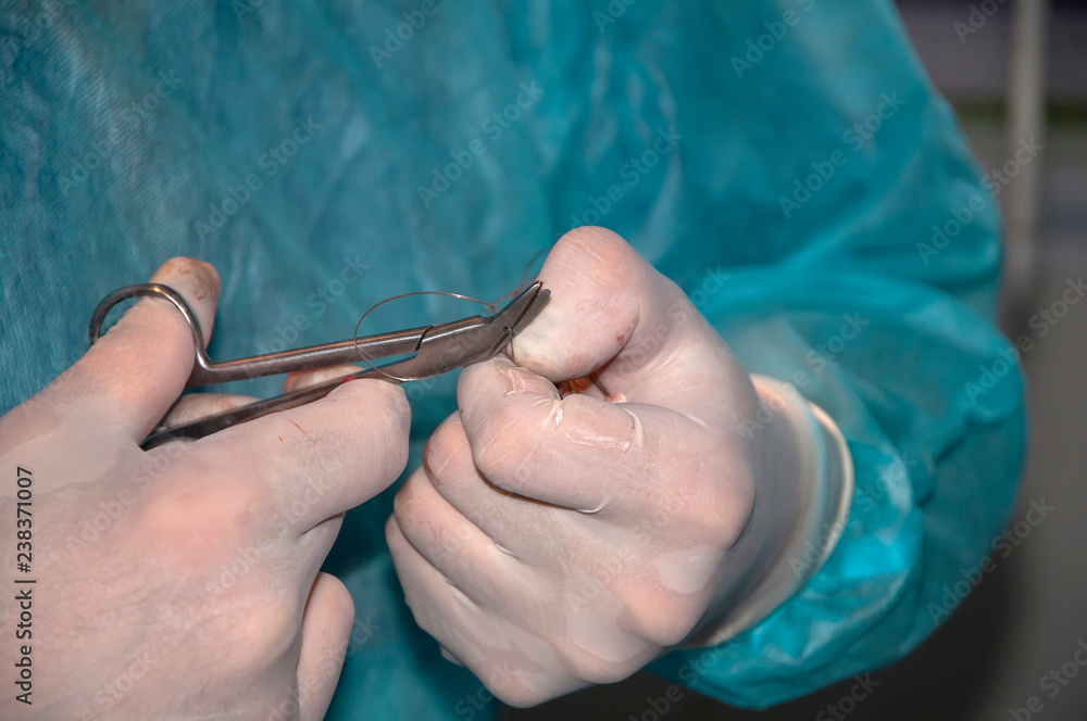 The hands of a surgeon during a surgical operation