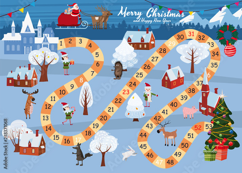 Board game Merry Christmas and Happy New Year. Santa Claus in a sleigh on the Magic Deer rides through the winter country to the Christmas tree. Forest animals, snowman, helpers Elves, vector