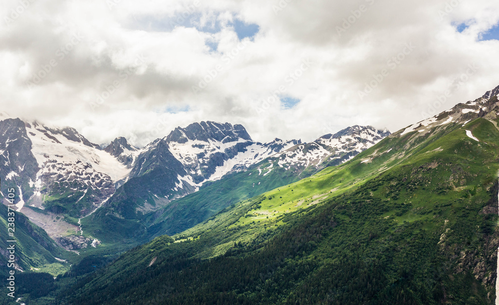 Fototapeta premium Dombay, Karachay-Cherkess Republic, Dombay mountain in summer, beautiful mountain landscape