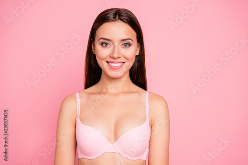 Close up portrait of cute tender gentle gorgeous attractive gladly looking her she lady girl wearing pale pink underwear isolated on rose background