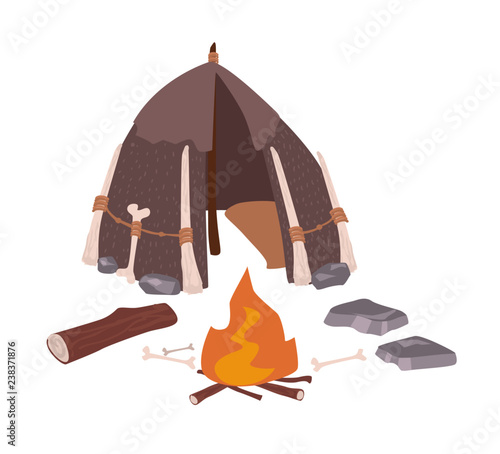 Primitive house or archaic prehistoric dwelling of cavemen and bonfire isolated on white background