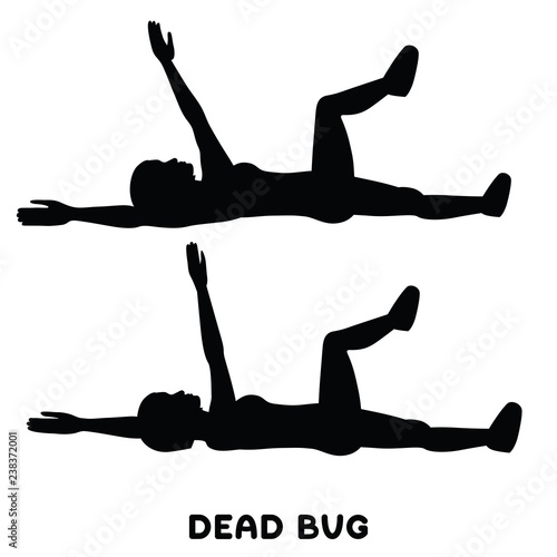 Dead bug. Sport exersice. Silhouettes of woman doing exercise. Workout, training.