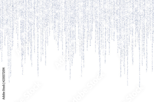 Vector falling in lines silver glitter confetti dots rain. Garland lights isolated on white background. Sparkling glitter border, party tinsels shimmer, holiday background design, festive frame