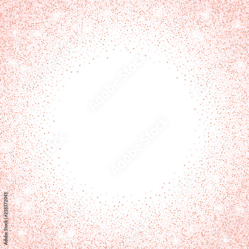 Vector gold rose glitter confetti dots frame. Pink sparkling glittering border isolated on white background. Party tinsels shimmer, holiday background design, festive frame