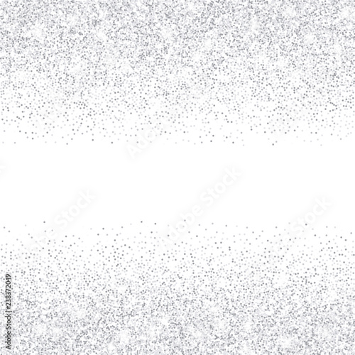 Vector falling silver glitter confetti dots rain. Sparkling glittering border isolated on white background. Party tinsels shimmer, holiday background design, festive frame