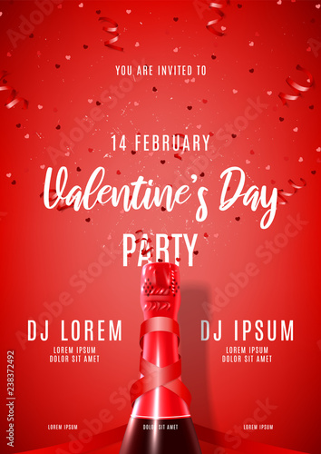 Happy Valentine's Day festive party poster. Vector illustration with top view on realistic bottle of champagne, satin ribbon, red serpentine and confetti. Invitation to nightclub.